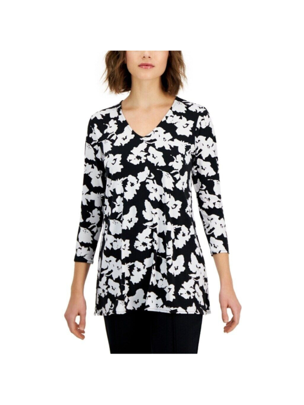 Alfani Women's Women's Black & White Printed 3/4-Sleeve V-Neck Tunic Top NWT